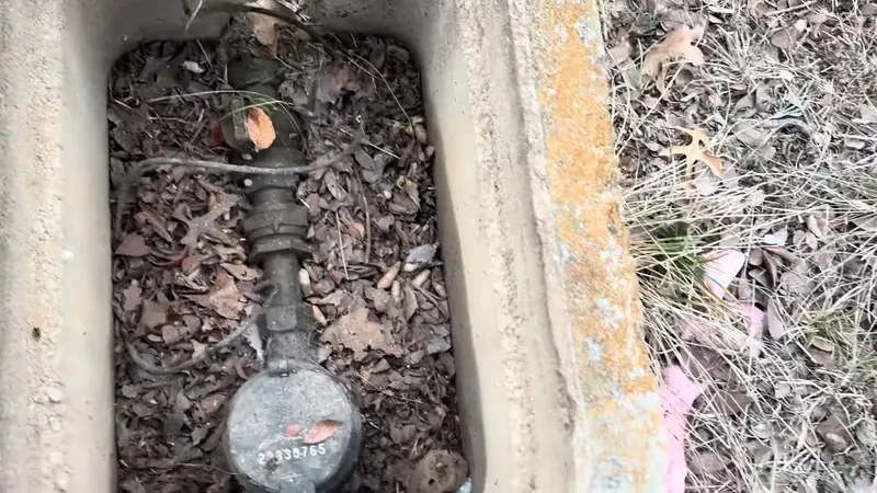 An in-ground meter box with dirt and leaves around the pipe and water meter